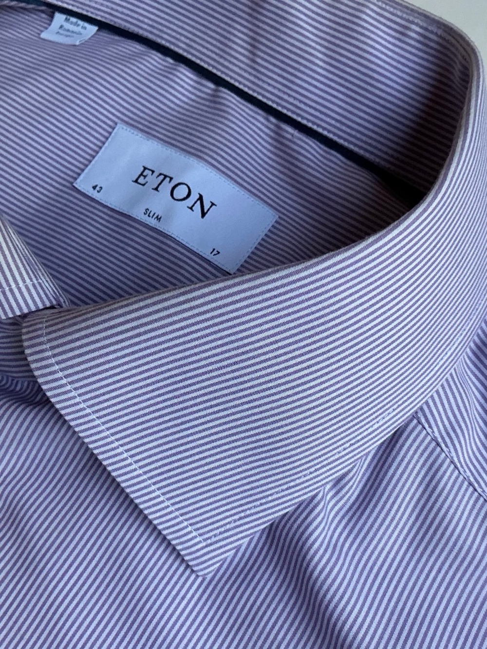 ETON  slim, pinstriped lilac colour  cotton shirt Sz17 made in Romania 🇷🇴